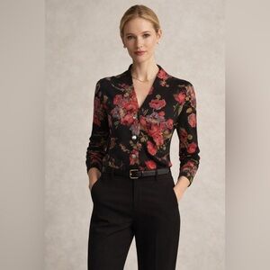 Lauren Ralph Lauren Floral Silk Blend Cardigan Sweater Medium Black Red (Z)